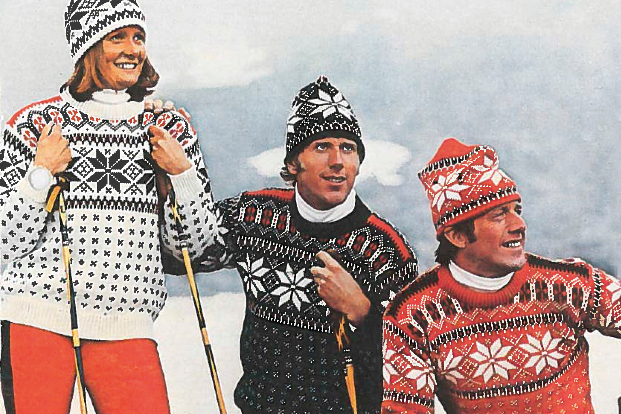 Ski-VM Lahti, Finland  1978. De norske langrennsutøverne Marit Myrmel, Oddvar Brå og Magne Myrmo i den offisielle VM-genseren.