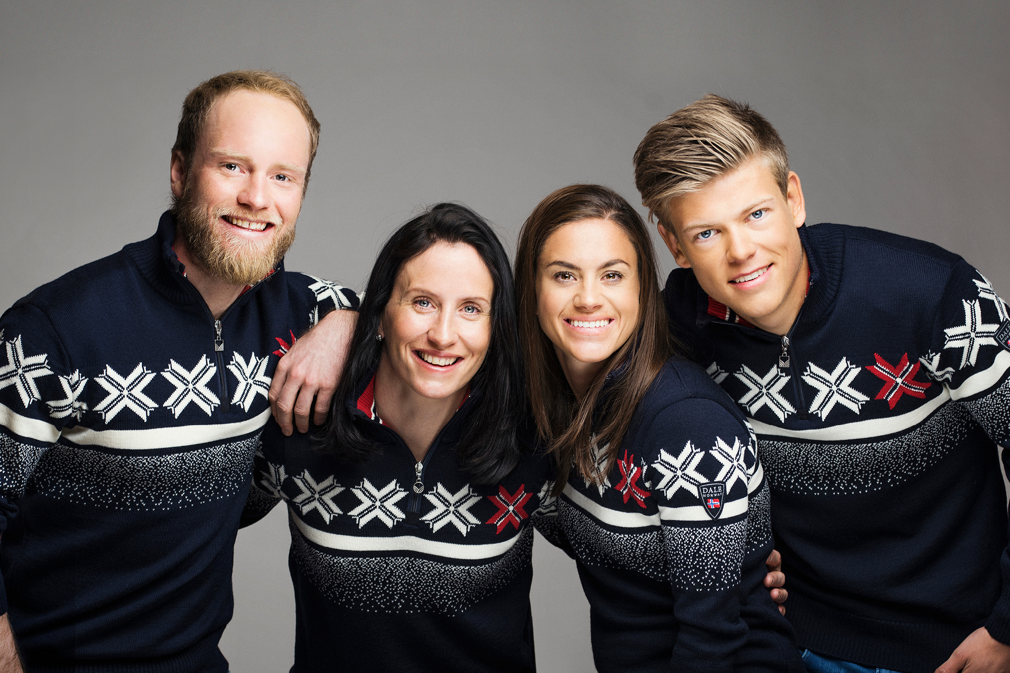 2018  Vinter-OL - PyeongChang, Sør-Korea.      Bildet: Martin Johnsrud Sundby, Marit Bjørgen, Heidi Weng og Johannes Høsflot Klæbo i den offisielle OL-genseren.